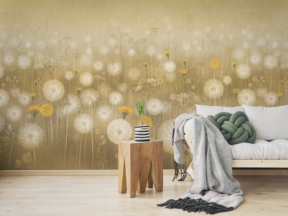 Fototapeta Dmuchawce na łące z żółtymi kwiatami we wnętrzu salonu