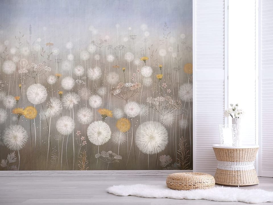 Fototapeta Dmuchawce na łące z kwiatami we wnętrzu przedpokoju