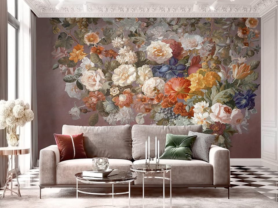 Fototapeta Bukiet Kwiatów w Ozdobnym Wazonie we wnętrzu salonu