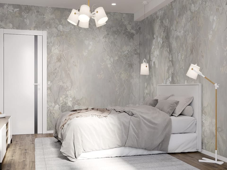 Fototapeta Delikatne liście na jasnym tle we wnętrzu sypialni