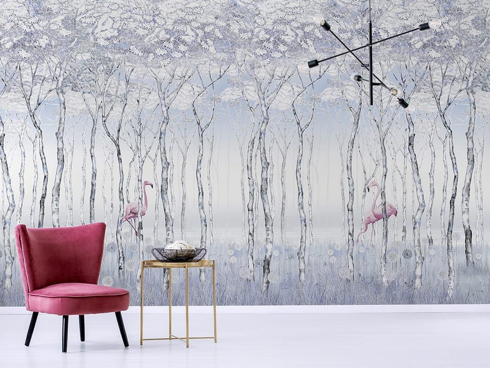Fototapeta Różowe flamingi w lesie we wnętrzu przedpokoju