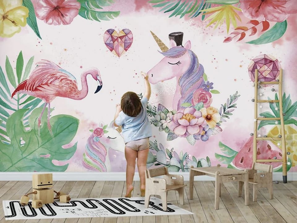 Fototapeta Jednorożce i Flamingi w Kwiatach we wnętrzu pokoju dziecka