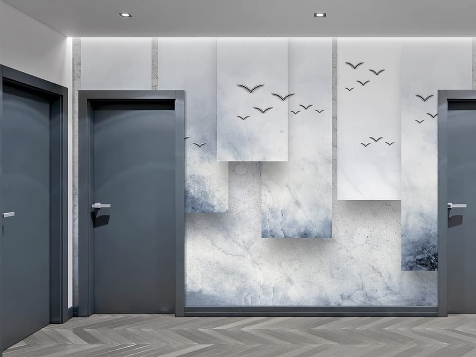 Fototapeta Geometryczne panele z ptakami we wnętrzu przedpokoju