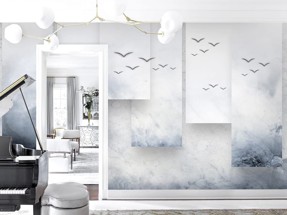 Fototapeta Geometryczne panele z ptakami we wnętrzu salonu
