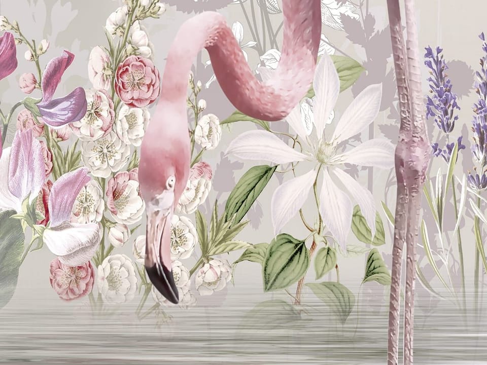 Fototapeta Flamingi w kwiecistym otoczeniu fragment #2