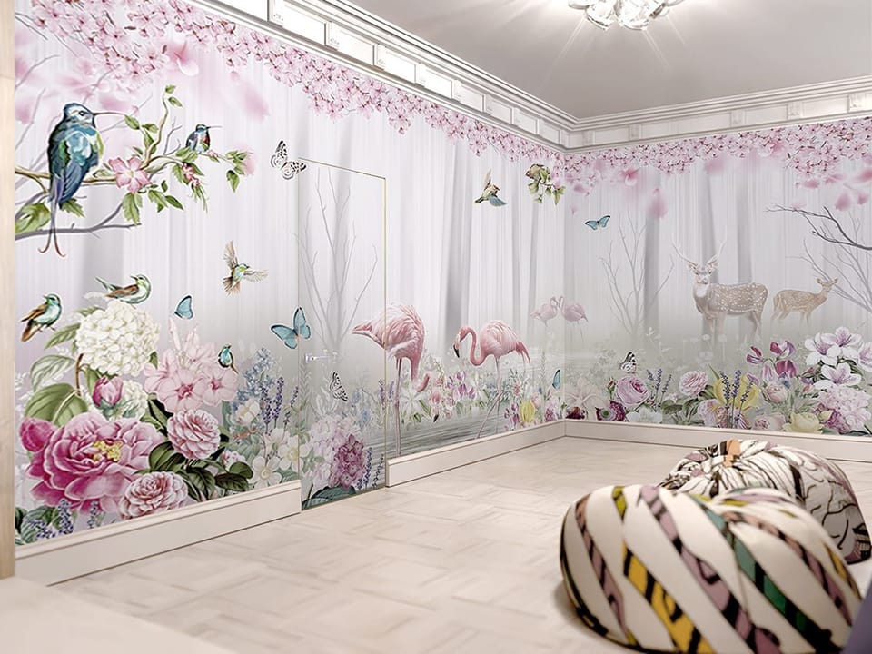 Fototapeta Flamingi w kwiecistym otoczeniu we wnętrzu pokoju nastolatka