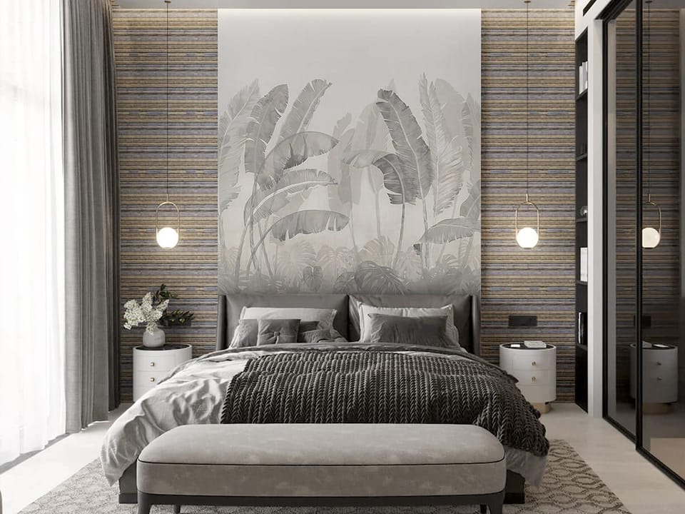 Fototapeta Tropikalne liście na jasnym tle we wnętrzu sypialni