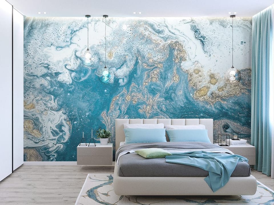 Fototapeta Abstrakcja z Niebieskim i Złotem we wnętrzu sypialni