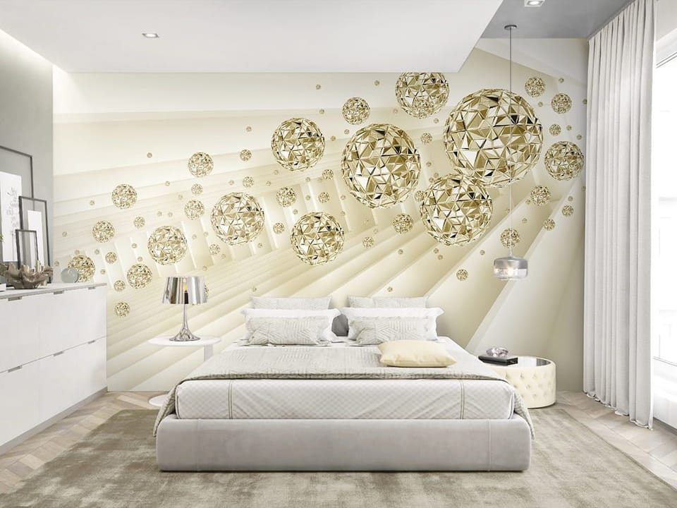 Fototapeta Geometryczne złote kule w tunelu we wnętrzu sypialni