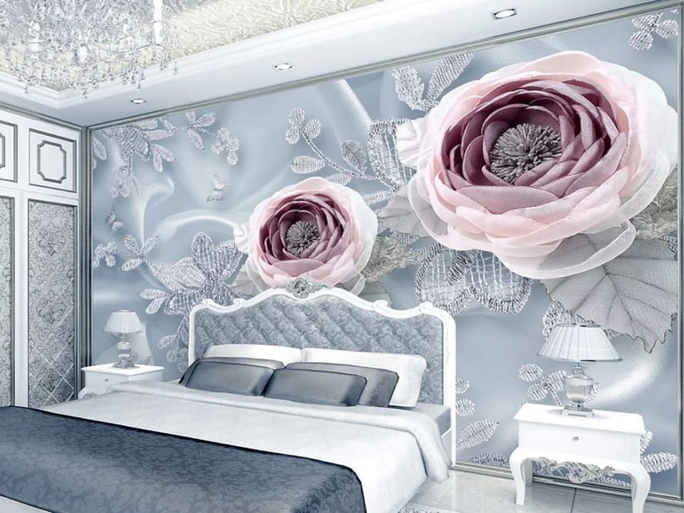Fototapeta Kwiaty 3D na delikatnej tkaninie we wnętrzu sypialni