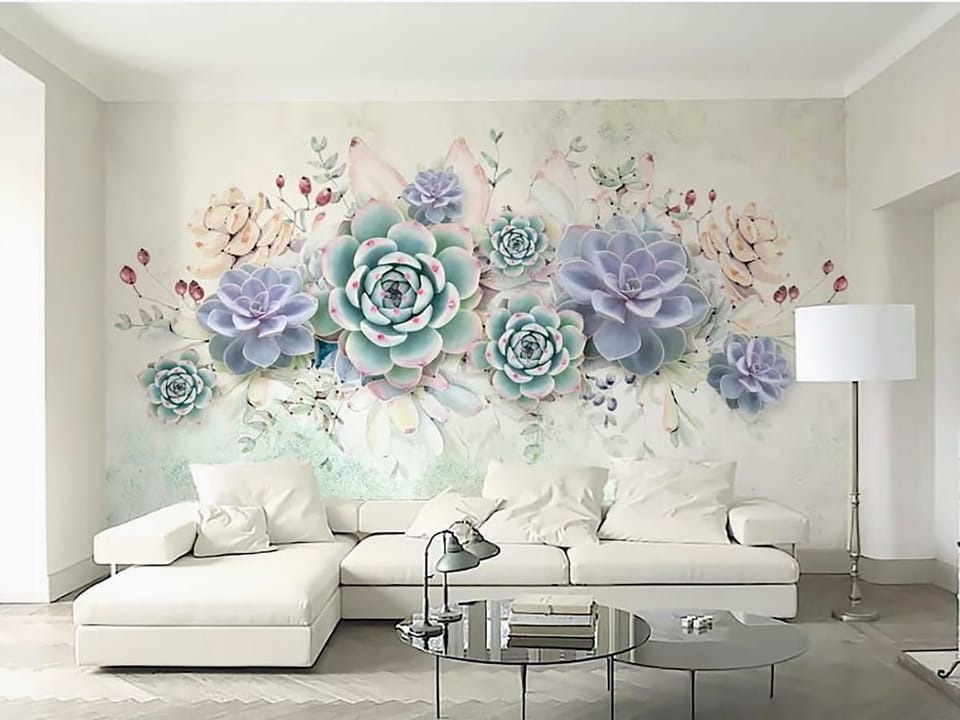 Fototapeta Sukulenty i liście w pastelach we wnętrzu salonu