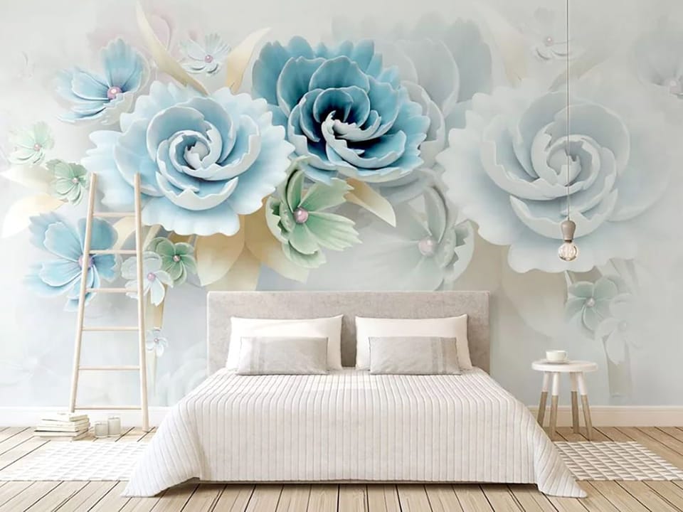 Fototapeta Niebieskie Kwiaty z Liśćmi we wnętrzu sypialni