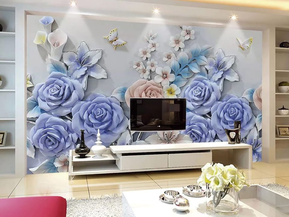 Fototapeta Pastelowe kwiaty 3D z motylami we wnętrzu salonu