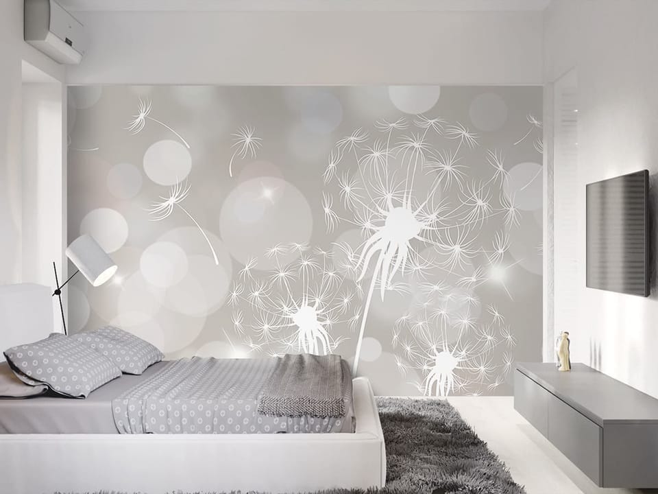 Fototapeta Białe Dmuchawce na Tle Bokeh we wnętrzu sypialni