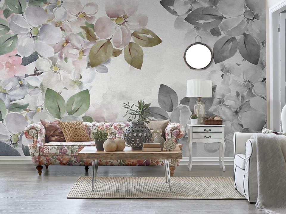 Fototapeta Kolorowe kwiaty z liśćmi we wnętrzu salonu