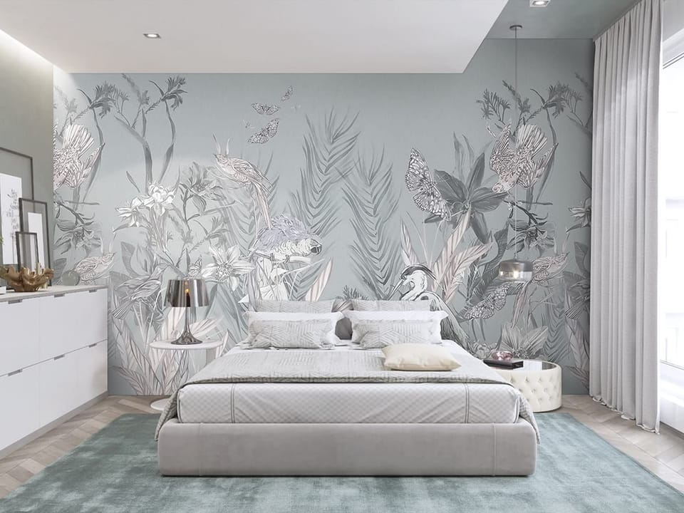 Fototapeta Leśne ptaki i paprocie we wnętrzu sypialni