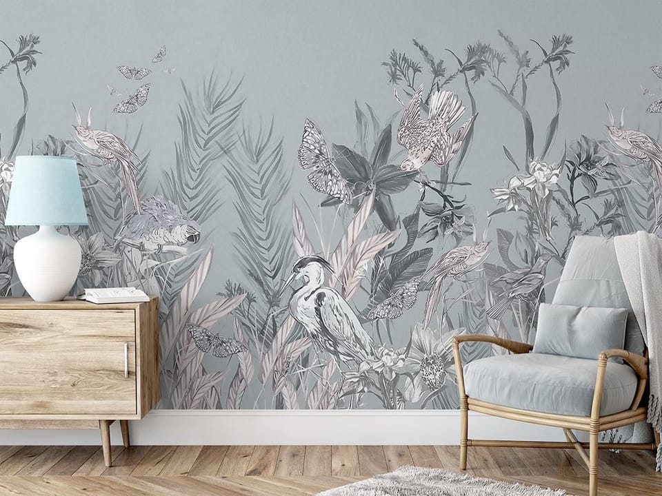 Fototapeta Leśne ptaki i paprocie we wnętrzu przedpokoju