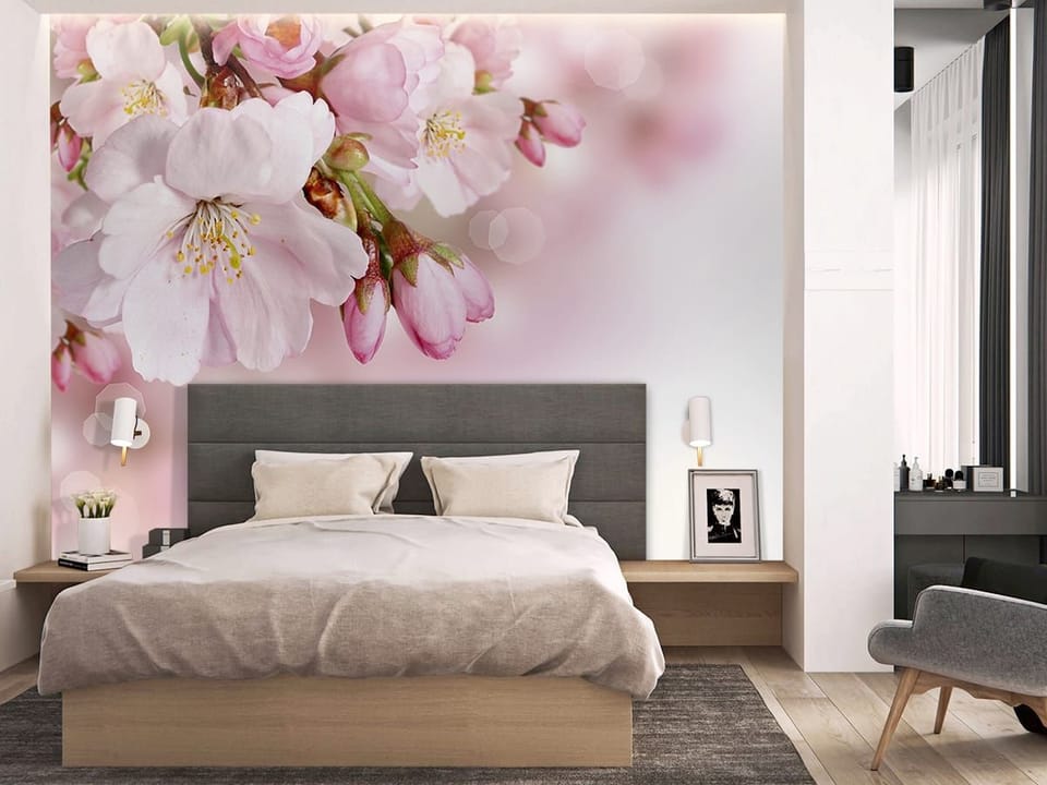 Fototapeta Gałązka kwitnącej wiśni Sakura - aranżacja w sypialni