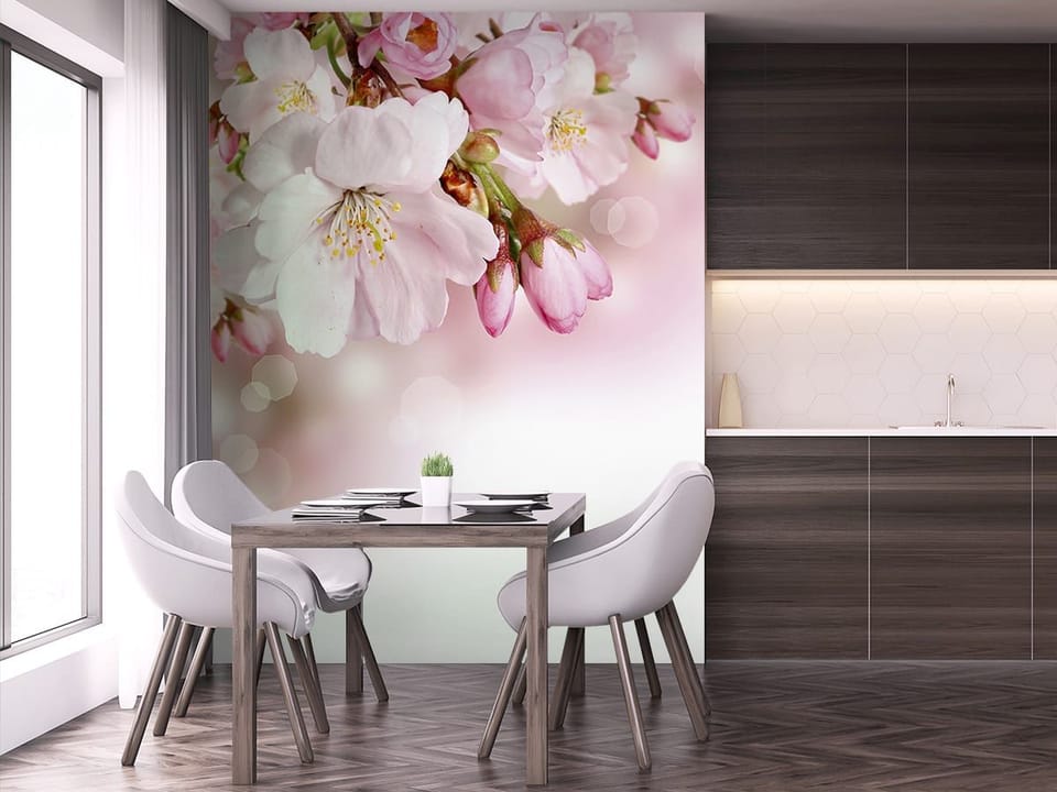 Fototapeta Gałązka kwitnącej wiśni Sakura - aranżacja w kuchni
