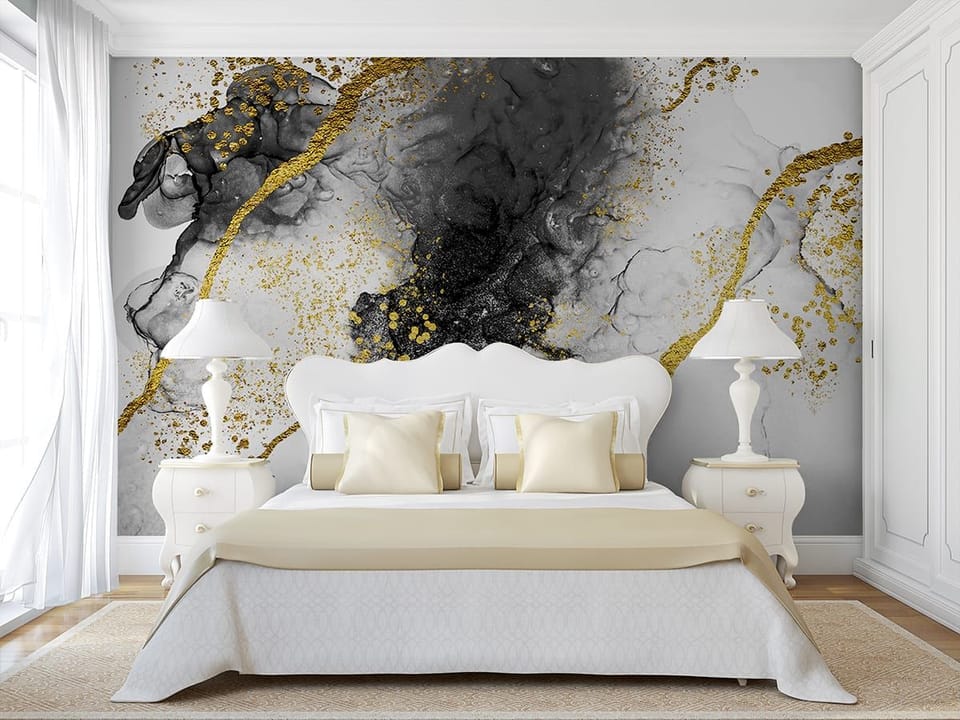 Fototapeta Abstrakcyjne wzory z czarnym i złotym we wnętrzu sypialni