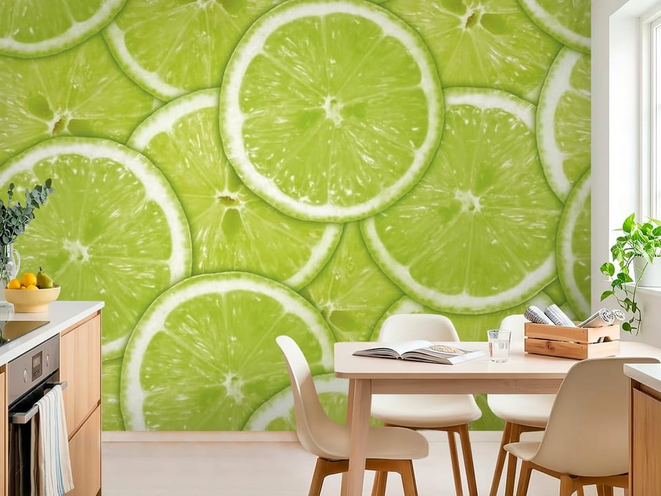 Fototapeta z plasterkami zielonej limonki na stosie, jasnozielony kolor - widok na ścianę w jasnej kuchni