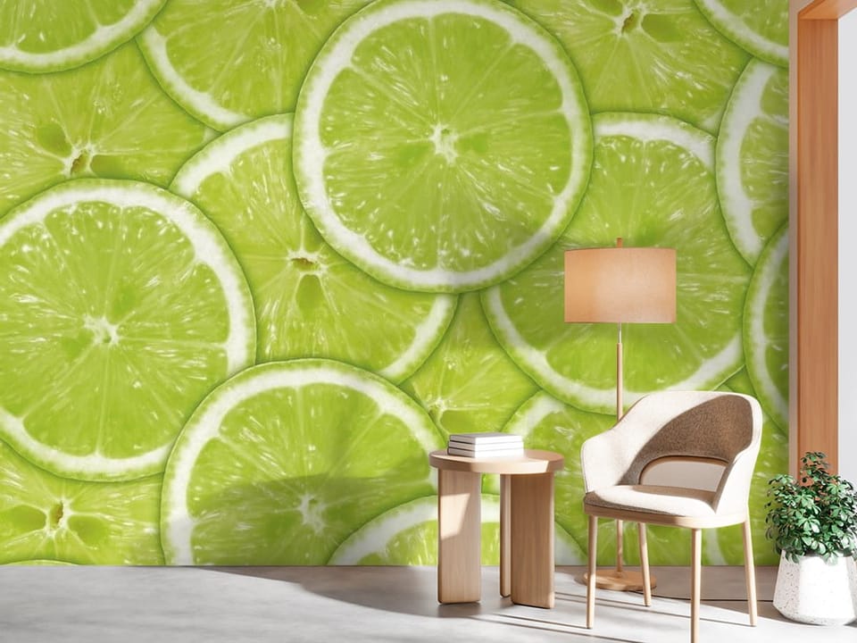 Fototapeta z plasterkami zielonej limonki na stosie, jasnozielony kolor - minimalistyczny przedpokój w jasnych kolorach