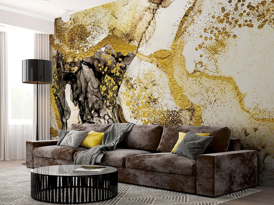 Fototapeta Abstrakcyjne złote wzory na tle we wnętrzu salonu