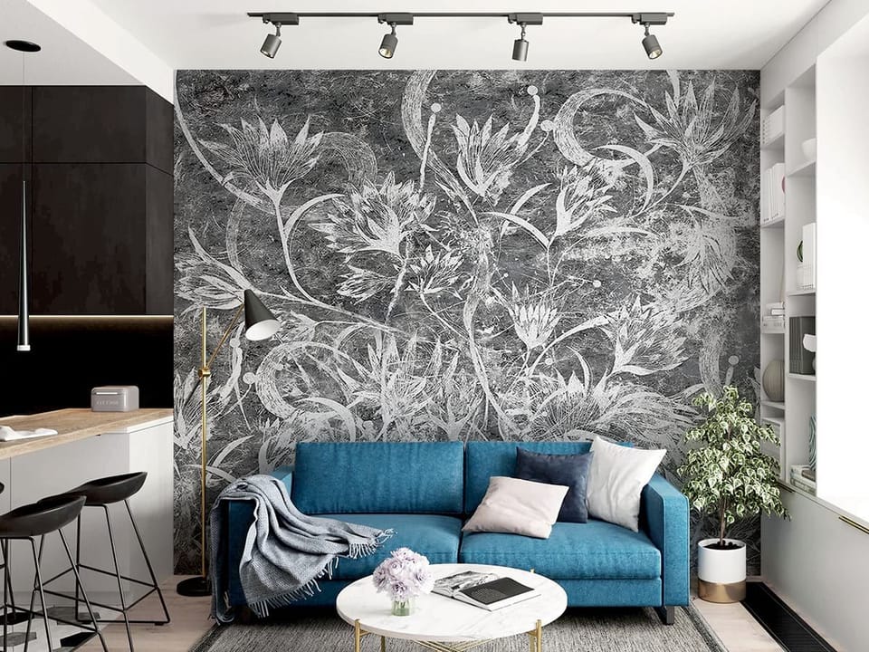 Fototapeta Białe Kwiaty na Szarym Tle we wnętrzu salonu