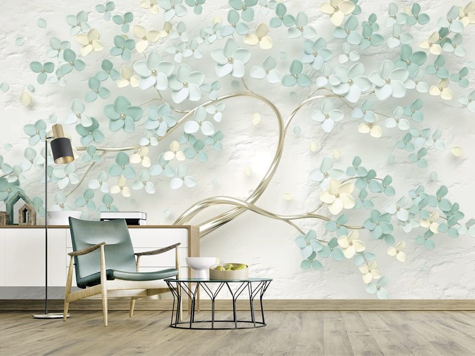 Fototapeta Gałęzie z pastelowymi kwiatami we wnętrzu sypialni