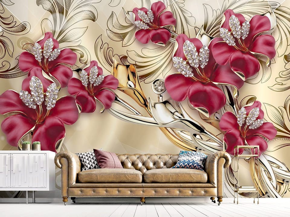 Fototapeta Czerwone kwiaty i złote ornamenty we wnętrzu salonu