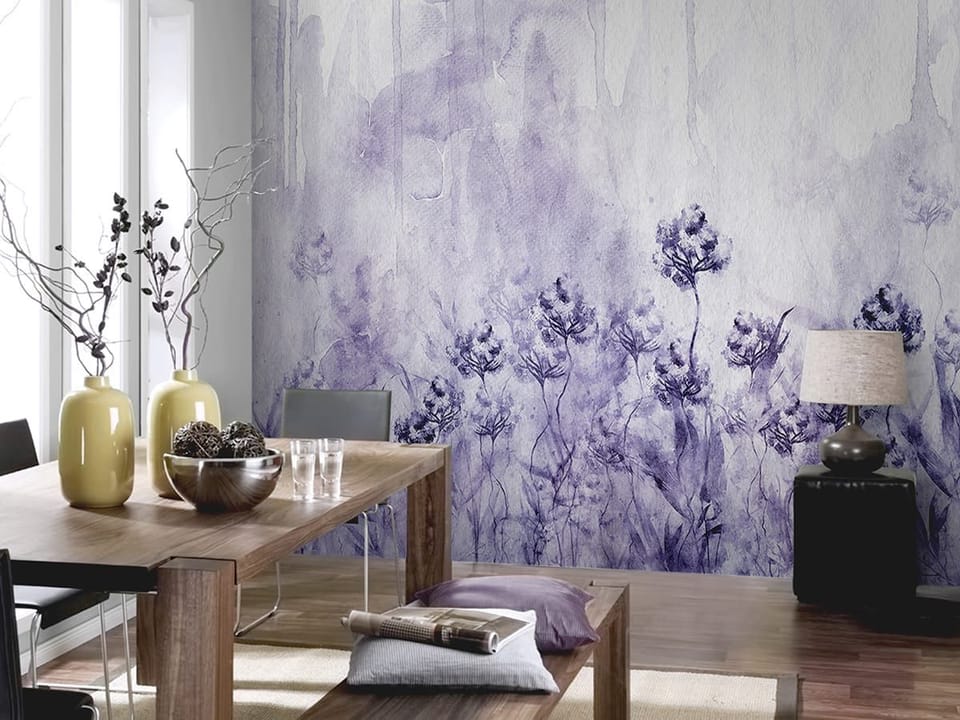 Fototapeta Fioletowe kwiaty na akwareli we wnętrzu kuchni