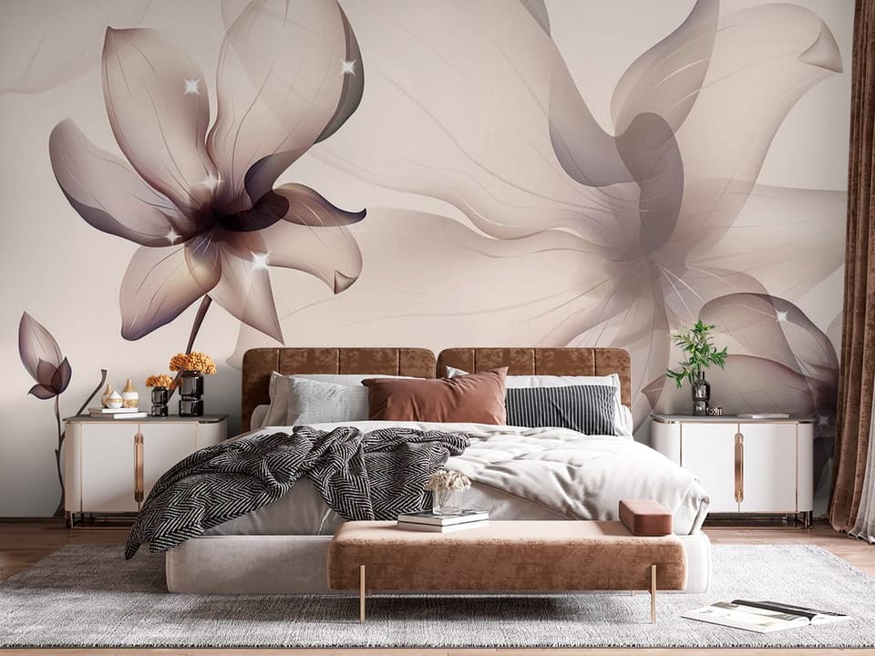 Fototapeta z dużym kwiatem magnolii na gałęzi z liśćmi i rozmytym tłem - aranżacja sypialni z naturalnym oświetleniem dziennym