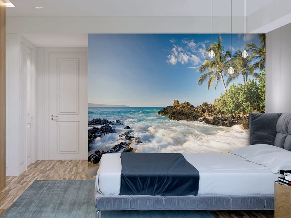 Fototapeta Plaża z palmami i skałami we wnętrzu sypialni