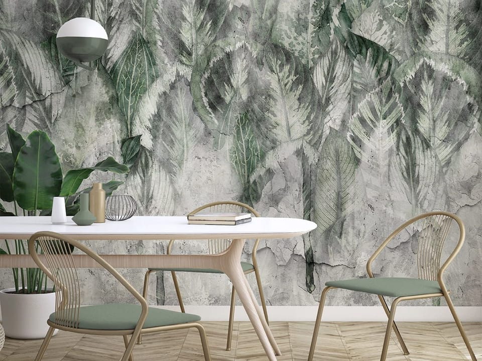 Fototapeta Liście na betonowej ścianie we wnętrzu kuchni