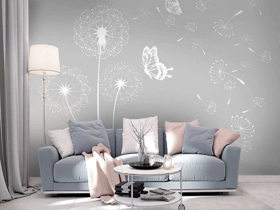 Fototapeta Białe dmuchawce na szarym tle we wnętrzu salonu