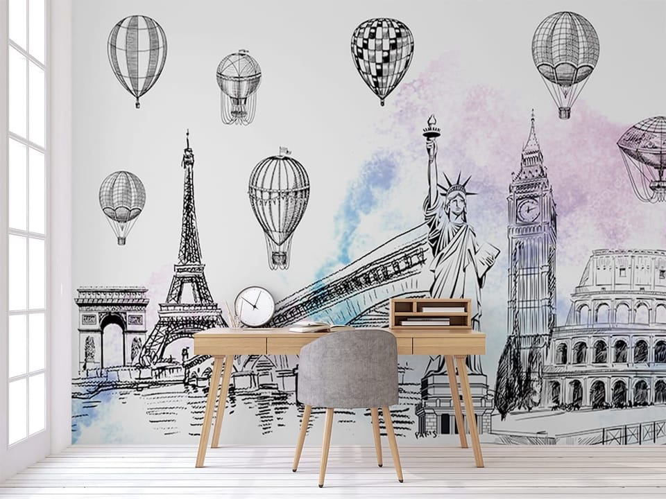 Fototapeta Zabytki i Balony w Ilustracji we wnętrzu biura