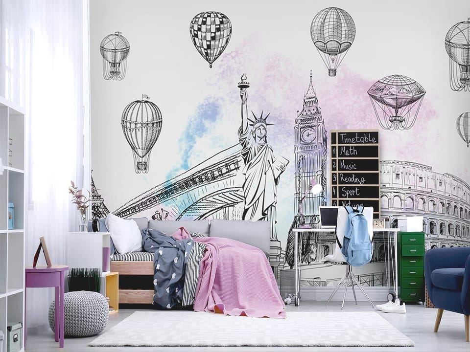 Fototapeta Zabytki i Balony w Ilustracji we wnętrzu pokoju nastolatka