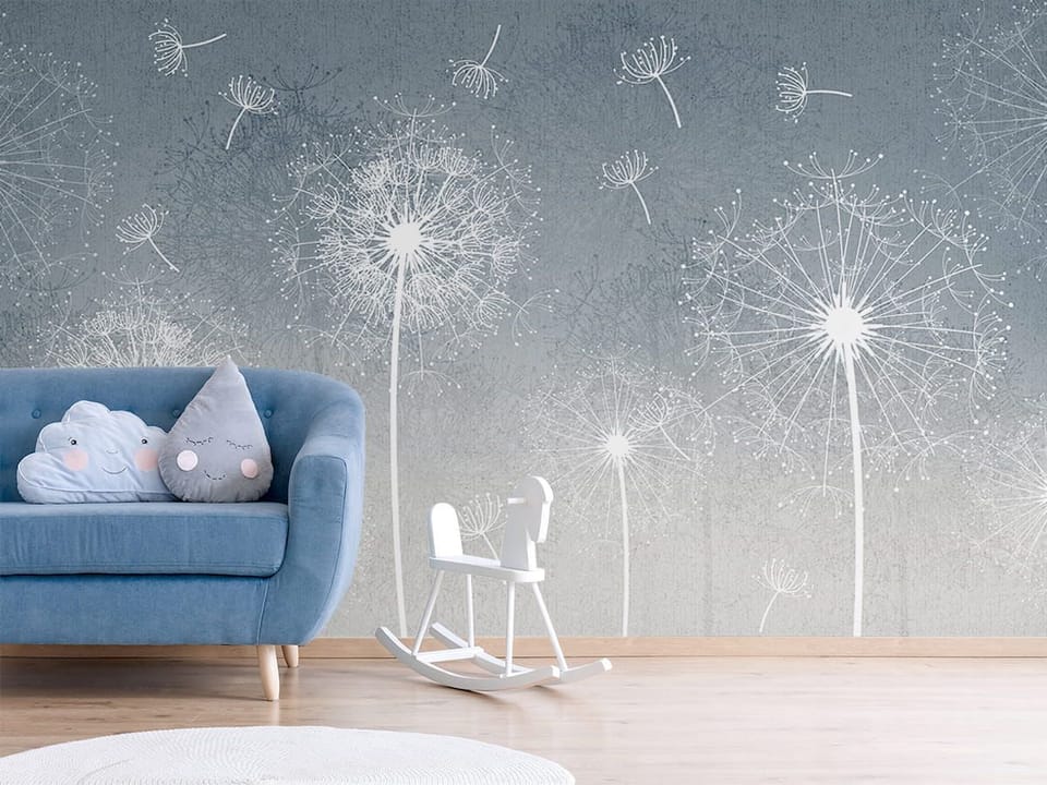 Fototapeta Białe dmuchawce na szarym tle we wnętrzu pokoju dziecka