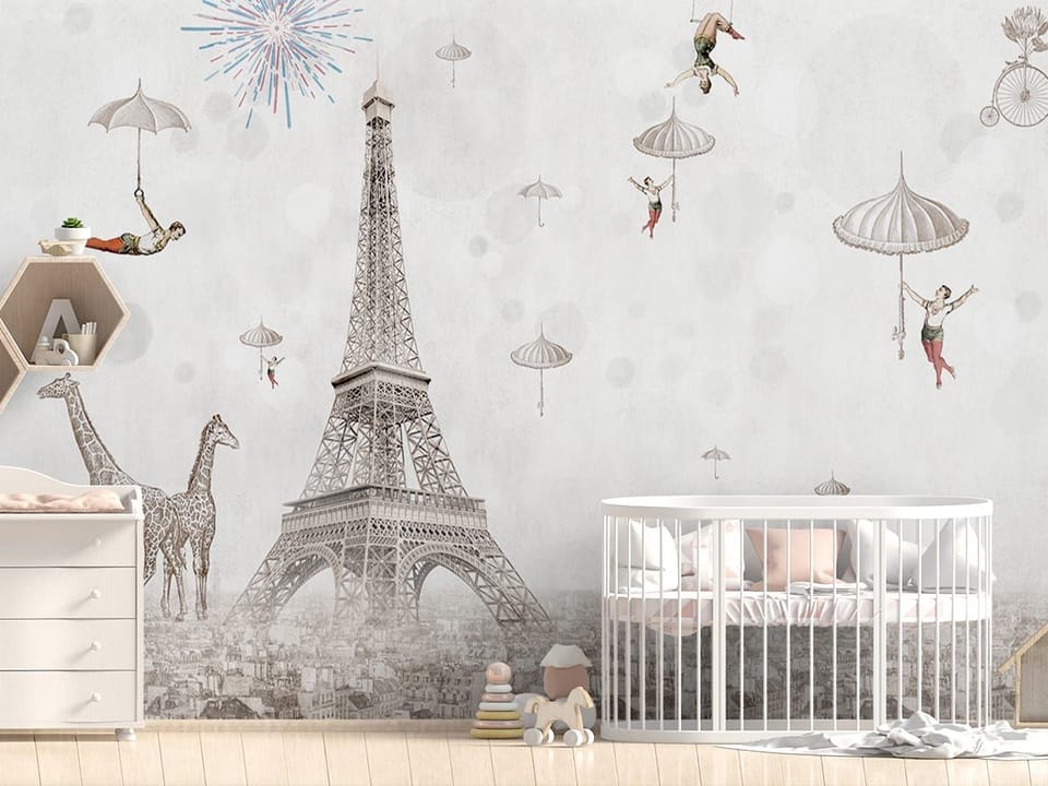 Fototapeta Surrealistyczny Paryż z Wieżą Eiffla we wnętrzu pokoju dziecka