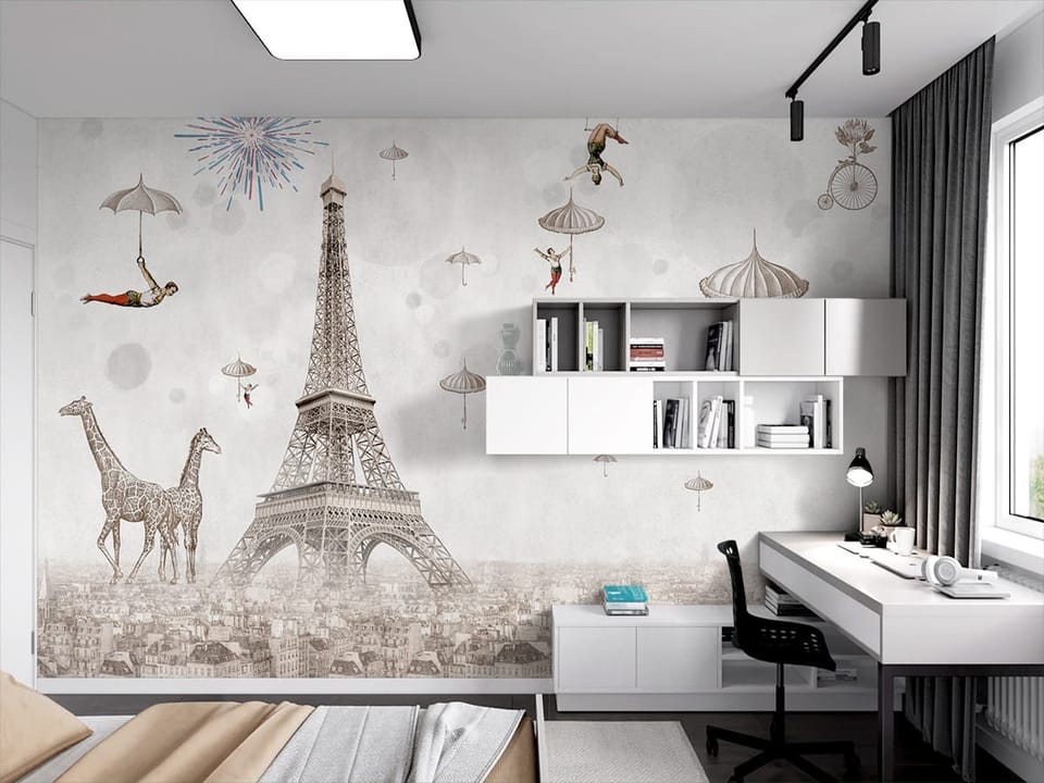 Fototapeta Surrealistyczny Paryż z Wieżą Eiffla we wnętrzu pokoju nastolatka