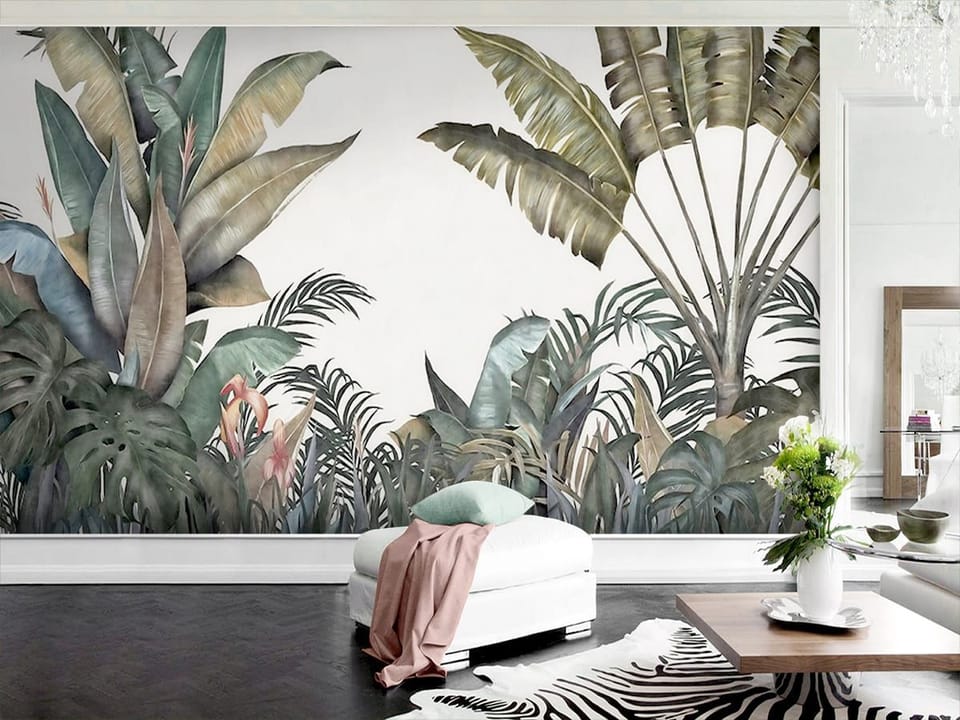 Fototapeta Tropikalne Liście na Jasnym Tle we wnętrzu salonu