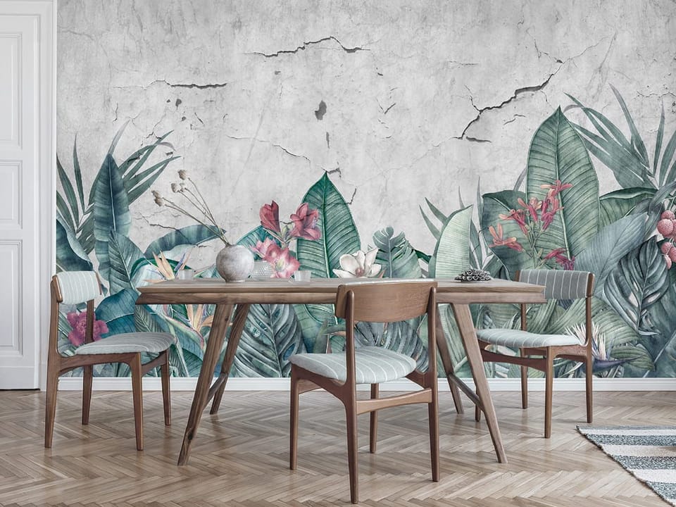 Fototapeta Tropikalne liście i kwiaty we wnętrzu kuchni