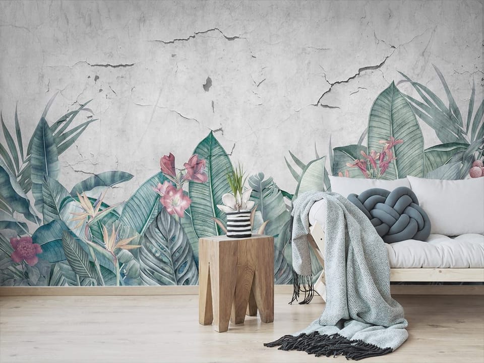 Fototapeta Tropikalne liście i kwiaty we wnętrzu salonu