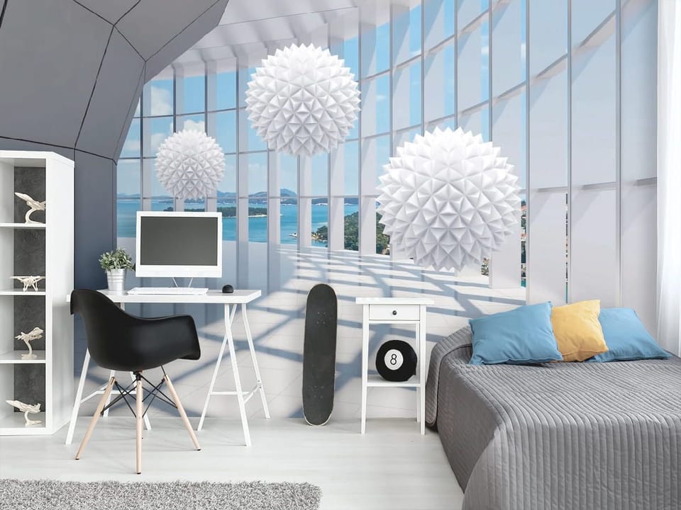 Fototapeta Geometryczne kule i widok na morze we wnętrzu pokoju nastolatka