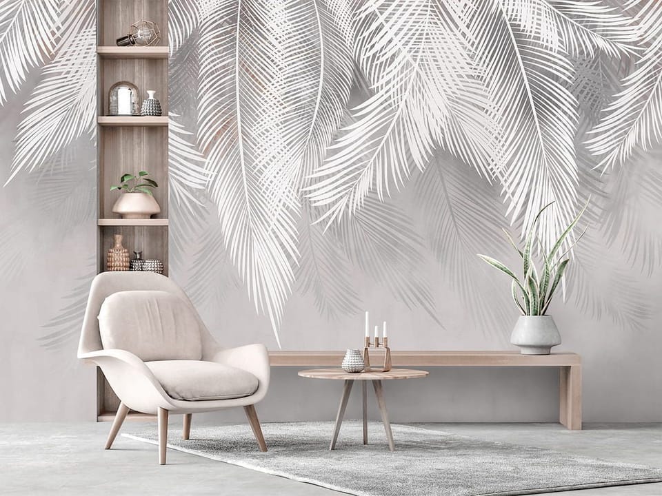 Fototapeta Białe liście palmowe na szarym tle we wnętrzu przedpokoju