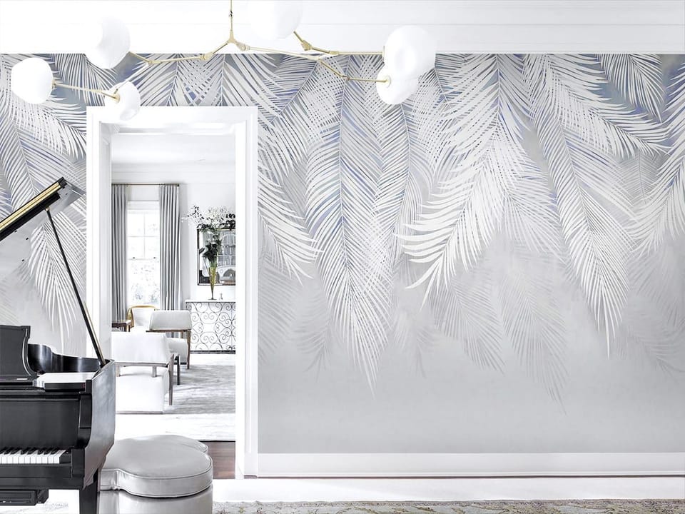 Fototapeta Białe liście palmowe na szarym tle we wnętrzu salonu