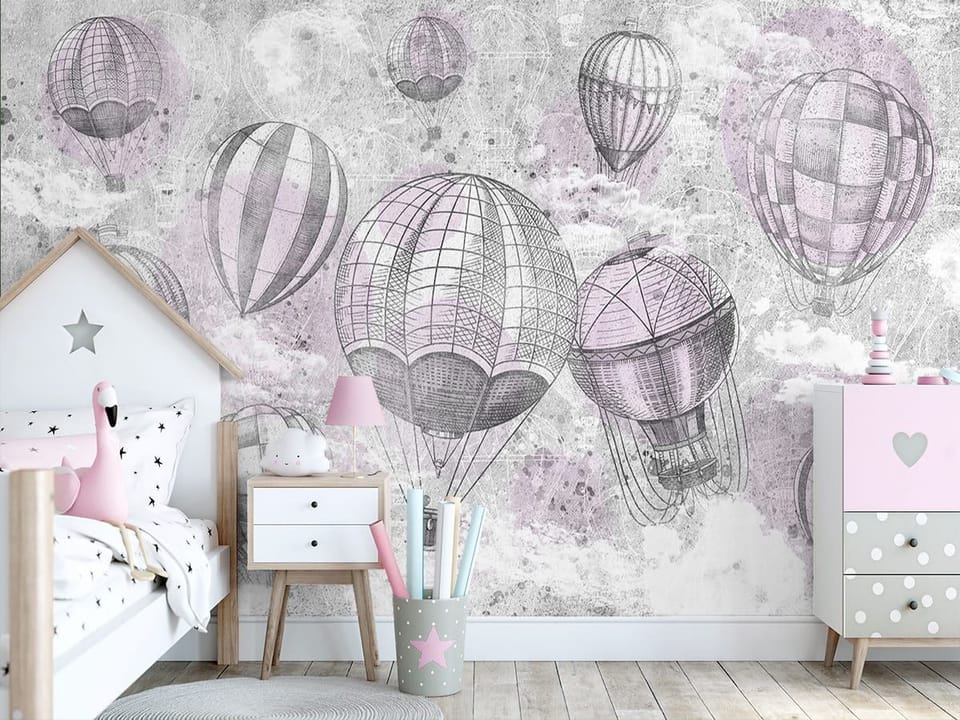Fototapeta Balony na ogrzane powietrze w chmurach we wnętrzu pokoju dziecka