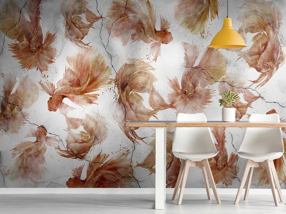 Fototapeta Wzór z Rybami na Jasnym Tle we wnętrzu kuchni