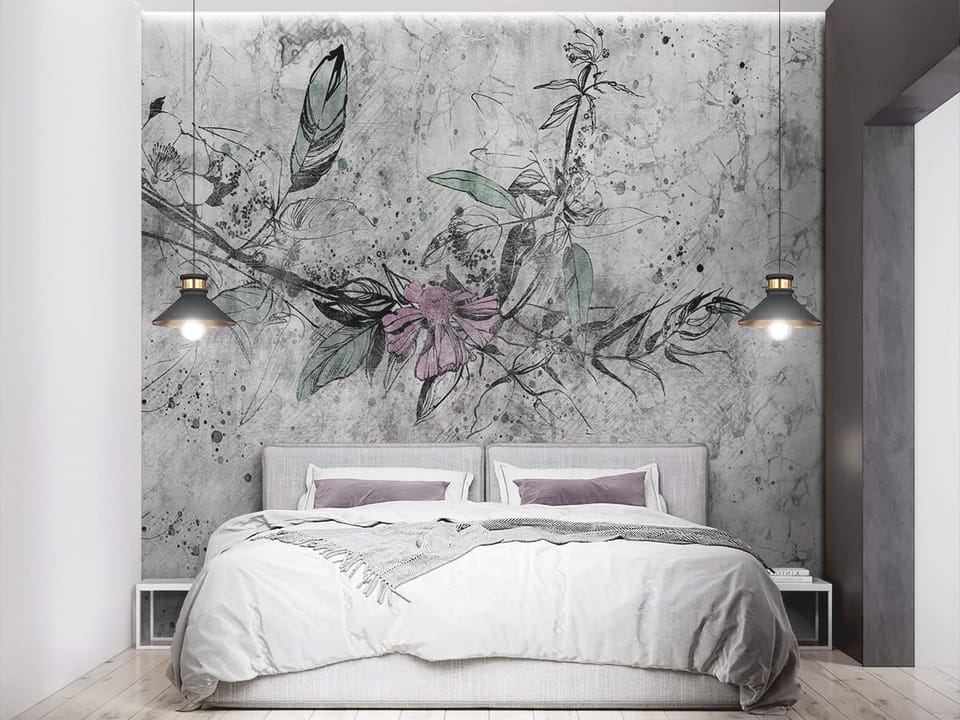 Fototapeta Kwiatowa gałąź na abstrakcyjnym tle we wnętrzu sypialni