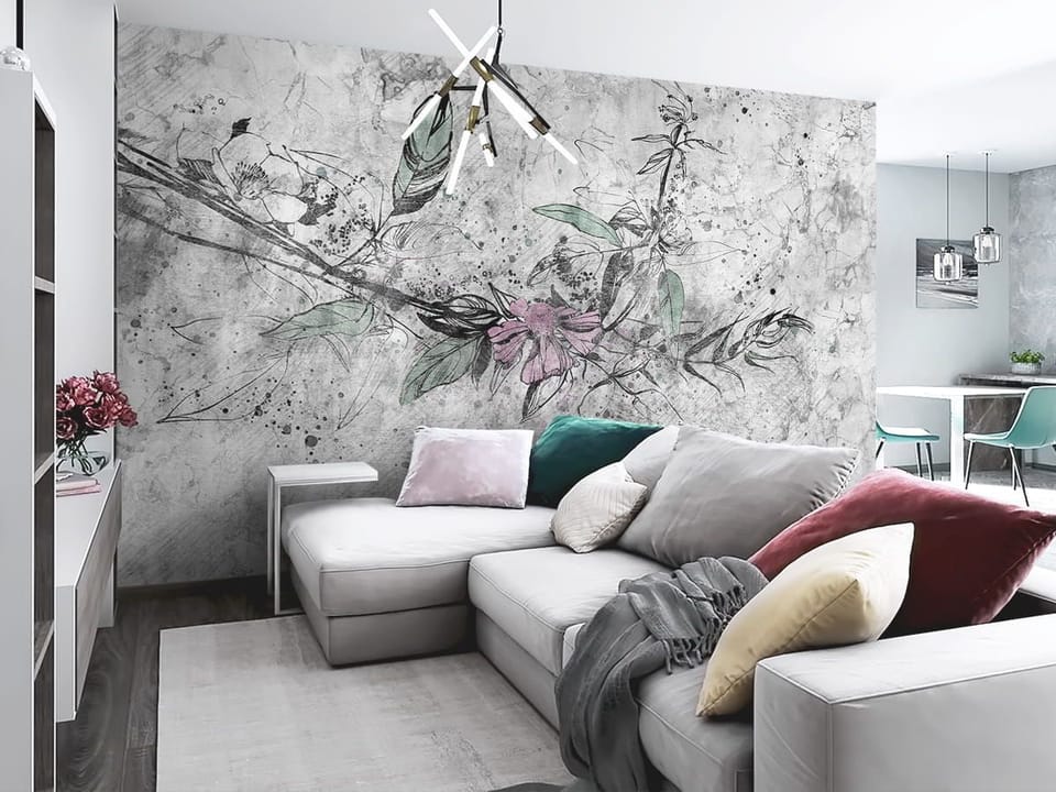 Fototapeta Kwiatowa gałąź na abstrakcyjnym tle we wnętrzu salonu